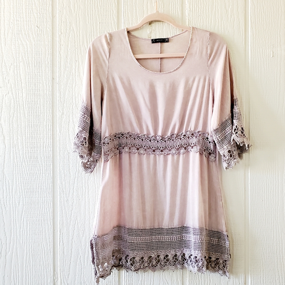 T party Boho Mineral Dye Wash Tunic Lace Short Sleeves Pink Small